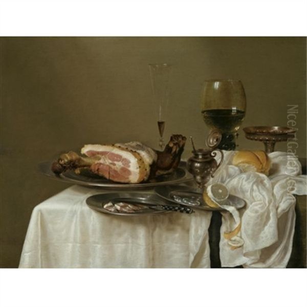A Still Life With A Roemer, A Silver Tazza, A Fluted Wine-glass, A Mustard Jar, A Ham And A Partly Peeled Lemon On Pewter Dishes And A Bread Roll, All Arranged On A Table-top Draped In White - view 1