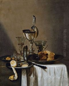 Stilleben Mit Nautiluspokal, Silberner Tazza, Weinglasern, Einer Pastete, Zitrone Und Oliven