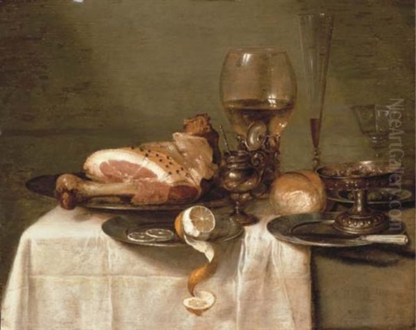 A Ham On A Pewter Plate, A Partly-peeled Lemon, A Roemer, A Glass Flute, A Wine Glass, A Bowl Of Olives, A Silver-gilt Tazza, A Bread Roll, A Knife On A Pewter Plate And A Mustard Pot On A Table - view 1