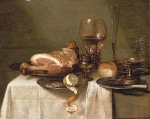 A Ham On A Pewter Plate, A Partly-peeled Lemon, A Roemer, A Glass Flute, A Wine Glass, A Bowl Of Olives, A Silver-gilt Tazza, A Bread Roll, A Knife On A Pewter Plate And A Mustard Pot On A Table by Willem Claesz Heda