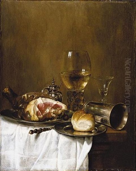 A Still Life Of A Roemer Filled With White Wine, A Wine-glass, A Silver Beaker On Its Side, A Ham And A Bread-roll On Pewter Plates, All Arranged On A Wooden Table Partly Draped With A White Cloth - view 1