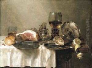 A Ham On A Pewter Platter, A Knife On A Pewter Plate, With A Roll, A Pewter Mustard Pot, A Partly-peeled Lemon, A Giant Roemer...