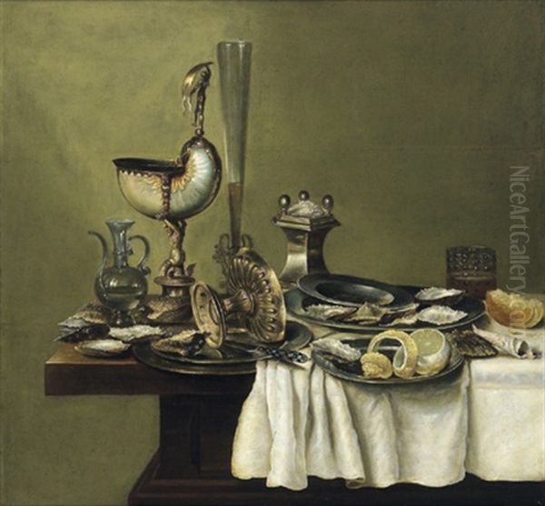 Stillleben (banketje) Mit Nautiluspokal, Sektflote, Silberner, Umgesturzter Tazza, Zinngeschirr, Austern Und Zitrone - view 1