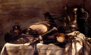 A Ham, Salt Cellar, Roemer, Silver Beaker, A Coffee Pot, And A Bread Roll On A Pewter Plate On A Draped Table by Willem Claesz Heda