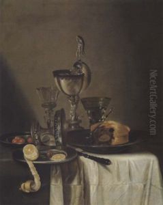 Stillleben Mit Nautiluspokal, Silberner Tazza, Weinglasern, Einer Pastete, Zitrone Und Oliven by Willem Claesz Heda