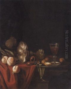 A Silver Goblet, A Roemer Of Wine, Walnuts, Peaches, Pears And A Compass On A Partly Draped Table by Willem Claesz Heda