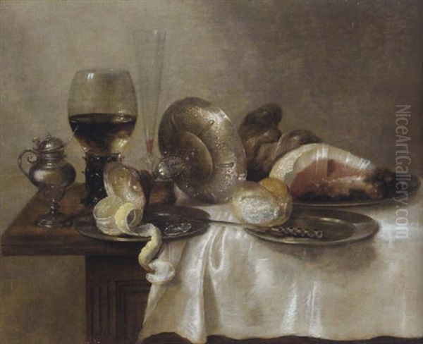 Stilleben Mit Einer Umgesturtzten, Silbernen Tazza, Einem Weinglas, Zitrone, Brot Und Schinken Auf Einem Tisch - view 1