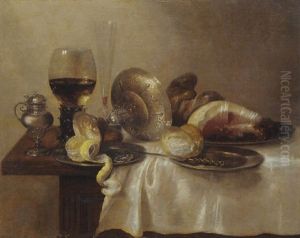 An Upturned Silver Tazza And A Partially Peeled Lemon On A Pewter Platter, With A Silver Pot, And A Roemer On A Partially Draped Table