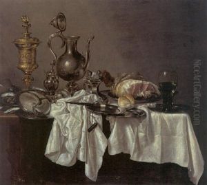 Still Life With A Silver Ewer, A Silver-gilt Covered Cup, A Ham, A Salt, A Roemer, A Nautilus Shell And Other Objects by Willem Claesz Heda