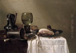 A Still Life Of A Pewter Kanne, A Roemer, An Overturned Silver Beaker Resting On A Pewter Plate And A Ham Upon Another Pewter Plate