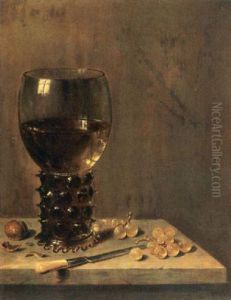 A Still Life With A Roemer, A Walnut, White Grapes And A Knife, All On A Ledge