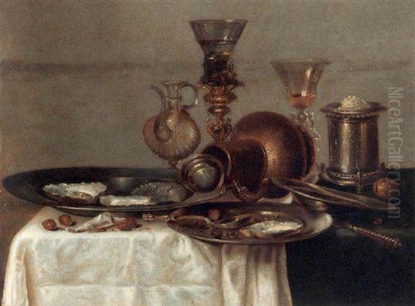 A Still Life With Three Pewter Plates, A Water-bottle, A Glass On A Gilt Bekerschroef, A Jug, A Wine-glass, A Silver Salt Cellar, Nuts, A Knife And A Silver Spoon - view 1