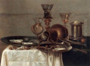 A Still Life With Three Pewter Plates, A Water-bottle, A Glass On A Gilt Bekerschroef, A Jug, A Wine-glass, A Silver Salt Cellar, Nuts, A Knife And A Silver Spoon by Willem Claesz Heda