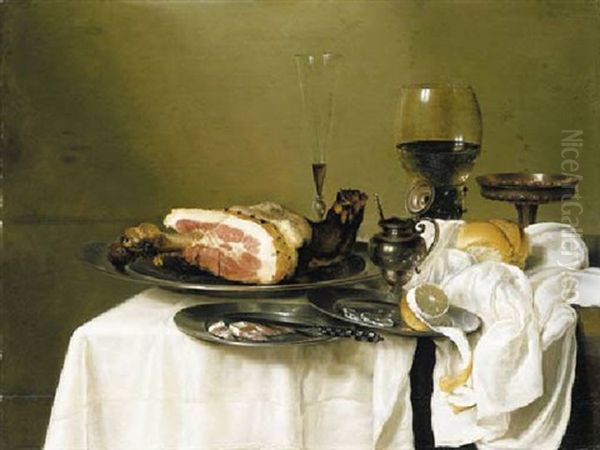 A Hock Of Ham, A Knife With Slices Of Ham And A Peeled Lemon On Pewter Dishes, With A Wineglass, A Roemer, And A Tazza, On A Draped Table - view 1