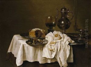 Still Life With A Roemer, A Silver Tazza, A Knife And A Sliced Lemon On A Pewter Plate, And Other Objects, All Arranged On A Table by Willem Claesz Heda