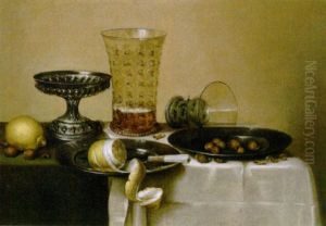A Peeled Lemon, A Knife And Hazelnuts On Pewter Plates With A Lemon, A Silver Tazza And A Beer Glass, All On A Draped Table