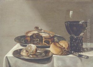 A Roemer, A Pie With A Spoon And A Peeled Lemon On Pewter Plates, A Breadroll And A Knife On A Draped Table