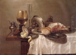 A Still Life Of A Roemer, An Overturned Silver Tazza, A Flute, Pewter Plates, A Partly Peeled Lemon, A Bread Roll And A Ham by Willem Claesz Heda