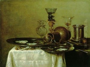 A Still Life Of A Stoneware Jug, Silver Spoon And Oysters In Pewter Plates, And Other Objects On A Table Draped With Green And White Cloths by Willem Claesz Heda