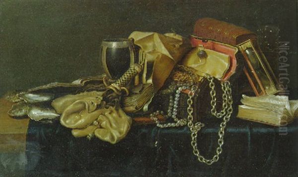Oysters, Books, Money Pouches And Other Objects On A Partly Draped Shelf - view 1