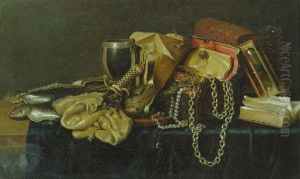 Oysters, Books, Money Pouches And Other Objects On A Partly Draped Shelf by Willem Claesz Heda