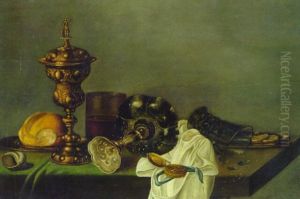 A Silver-gilt Cup And Cover, A Shell, Bread On A Plate, A Glass, An Upturned Tazza, A Watch, Slices Of Lemon On A Plate by Willem Claesz Heda