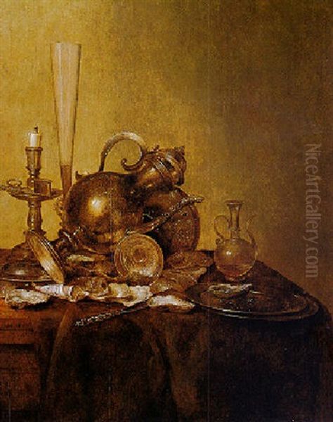 Still Life With A Silver Ewer, A Flute Glass And Other Objects Upon A Table Partly Draped With A Dark Green Cloth - view 1