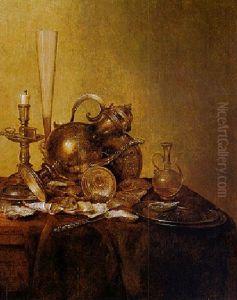 Still Life With A Silver Ewer, A Flute Glass And Other Objects Upon A Table Partly Draped With A Dark Green Cloth