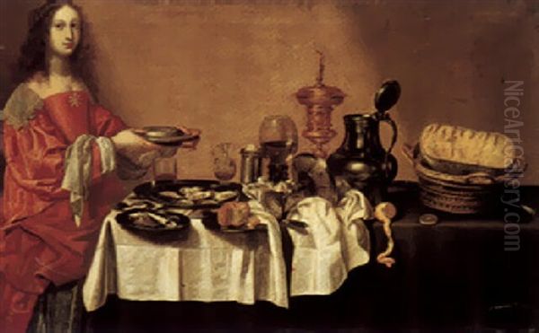 A Still Life Of Roemer, A Gilt Cup And Cover, A Pewter Flagon, Oysters, And Other Food With A Young Lady Holding A Pewter Dish - view 1
