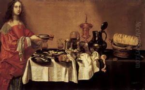 A Still Life Of Roemer, A Gilt Cup And Cover, A Pewter Flagon, Oysters, And Other Food With A Young Lady Holding A Pewter Dish by Willem Claesz Heda