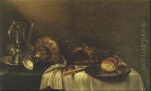 Pewter Dishes, Pie, Bread And Walnuts On A Draped Table by Willem Claesz Heda