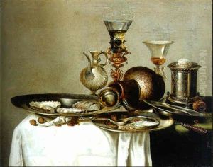 Oysters And Chestnuts On Pewter Plates, An Overturned Jug, A Condiment Bottle, A Roemer And A Facon-de-venise With A Salt On A Table Draped With A White Cloth