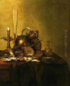 Still Life With A Silver Ewer, A Flute Glass,a Candlestick, Pewter Plates And Oysters Upon A Partly Draped Table by Willem Claesz Heda