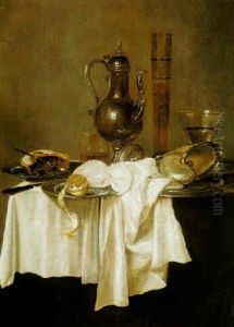 Still Life Of A Pewter Jug, A Wine Glass, A Nautilus Cup, A Peeled Lemon, And A Mince Pie, All On A Table Draped With A White Cloth