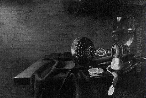 A Peeled Lemon And A Knife On A Pewter Plate With An Upturned Silver Taza And A Giant Roemer An A Draped Ledge - view 1