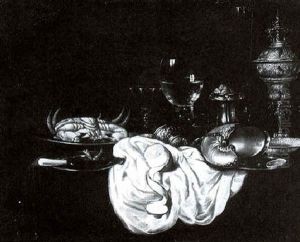 Still Life With A Nautilus Shell, A Gold Cup, A Roemer, A Crab On A Pewter Plate, And Other Objects, All On A Draped Table