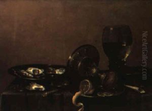 A Roemer, Tazza, Plate Of Oysters And Cut Lemon On A Draped Table