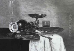 Upturned Ewer, Tazza, Herring, Fob-watch And Dishes On A Draped Table
