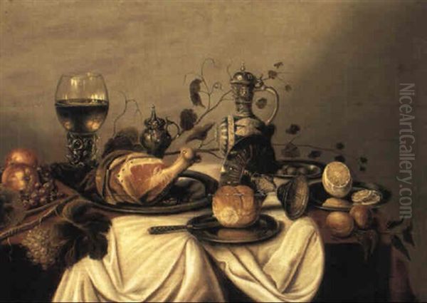 Still Life Of Ham And Roll With Overturned Tazza On Table - view 1