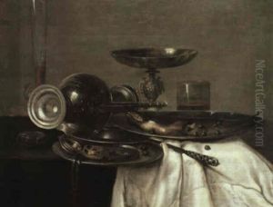 A Still Life Of Pewter Vessels Including A Platter With A Trout Dressed With Capers, A Flute Of Wine And A Pocket by Willem Claesz Heda