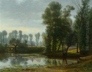 Figures By The Water - Les Bords De La Sarthe Dans Alencon Avec Un Berger Et Un Troupeau De Moutons by Louis Jean Hedin