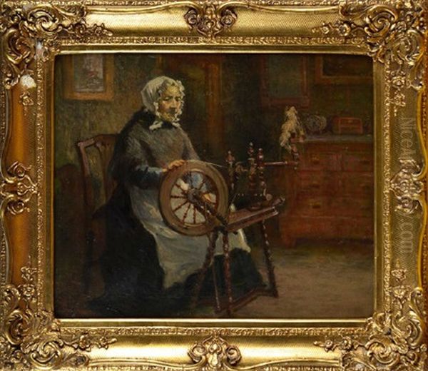 A Room Interior With A Woman Seated At A Spinning Wheel - view 1