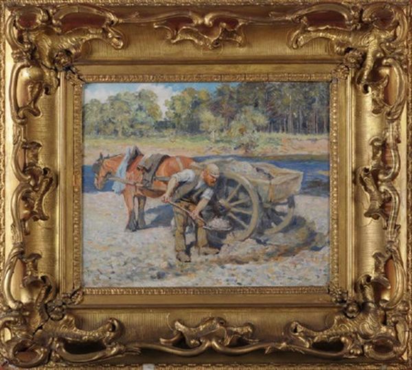 A Horsecart At A Riverbank With A Workman Collecting Gravel - view 1