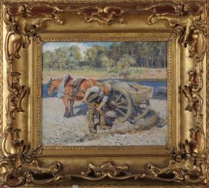 A Horsecart At A Riverbank With A Workman Collecting Gravel A Horsecart At A Riverbank With A Workman Collecting Gravel