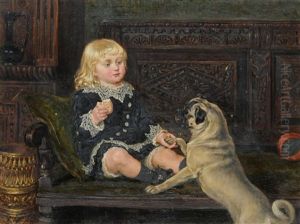 Portrait Of A.a Wilson As A Boy, Dressed In Victorian Costume, Seated On An Oak Bench, A Pug By His Side by Ralph Hedley