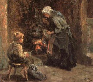 A Mother Cooking A Meal At An Open Fire by Ralph Hedley