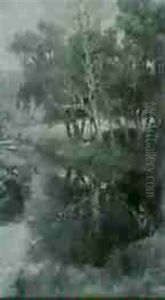 A Small Boy Angling At A River Bend