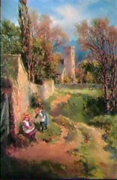 Girls Picking Flowers Near Ovingham Church - view 1