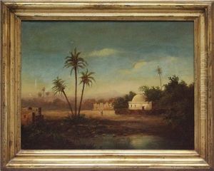 Orientalische Landschaft Mit Gebauden Und Person Unter Palmen An Einer Oase