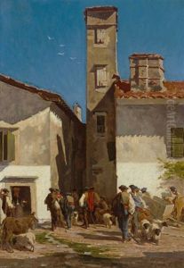 Viehmarkt In Einem Sudlichen Stadtchen. Malerisches Genre by Pierre-Edmond-Alexandre Hedouin
